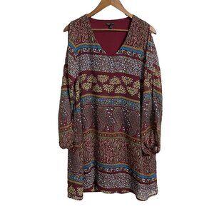 Sami & Jo Womens Burgundy Paisley Open Long Sleeve Bohemian Shift Dress Medium